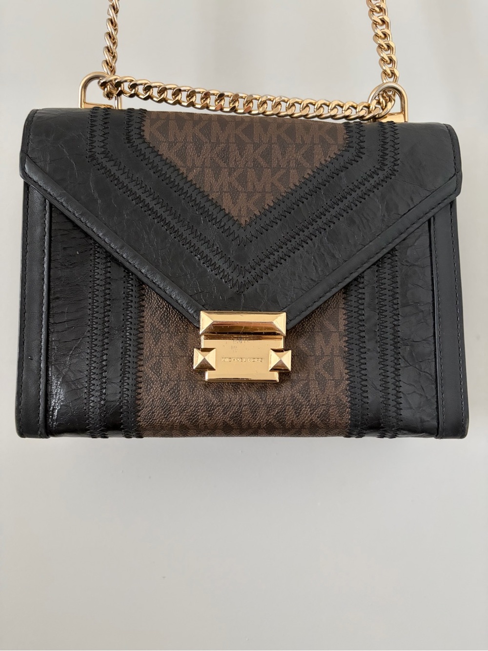 Michael Kors Black & Brown Logo Chain Crossbody with Gold Hardware